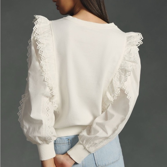 Anthropologie Cream Lace Ruffle Sweatshirt Sz M - Picture 3 of 7